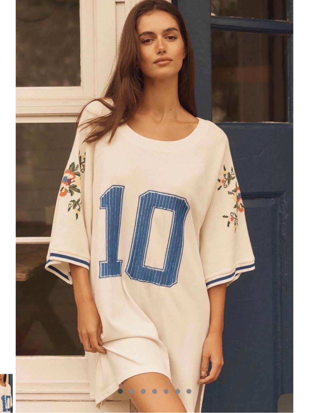 Anthropology Lyre Bird Embroidered Sleeve Graphic Tee - White with Blue '10'